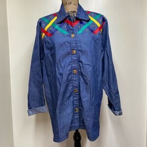 Vintage Gepetto Chambray Button Up Shirt Ribbon Detail and Gold Tone Beads Small